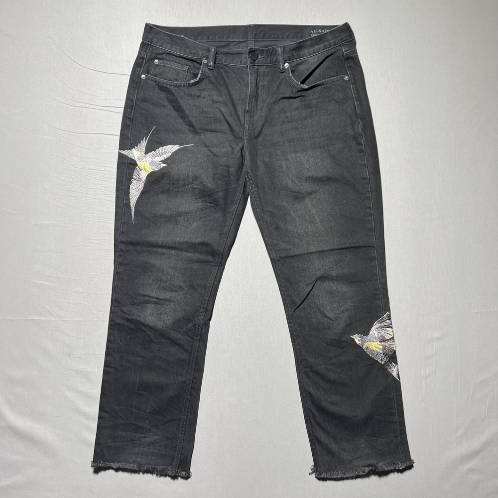 AllSaints‎ Jeans Womens W30 Black Birds Cropped Embroidered Straight Leg